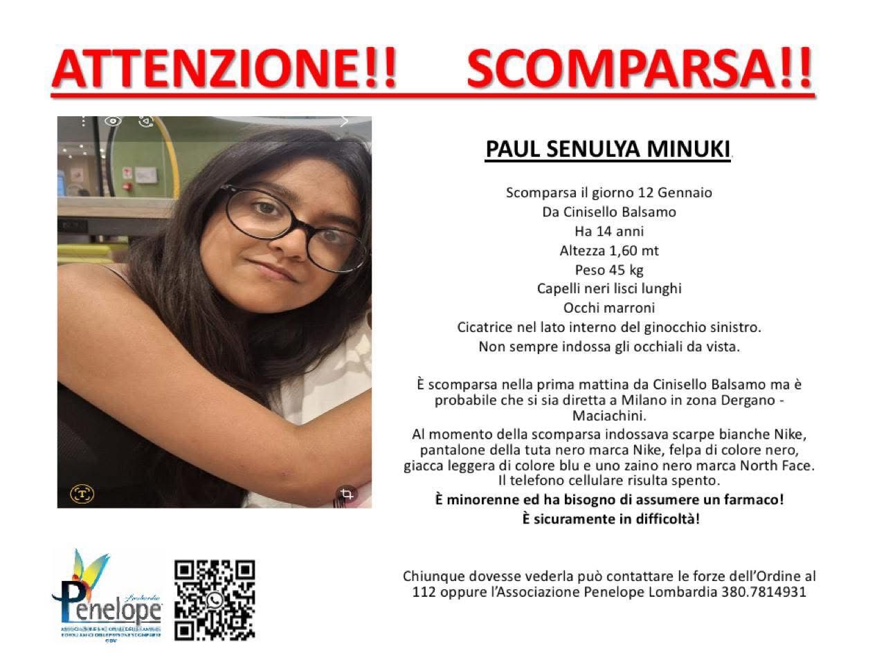 Cinisello Balsamo, 14enne scomparsa: l’appello di Penelope Lombardia