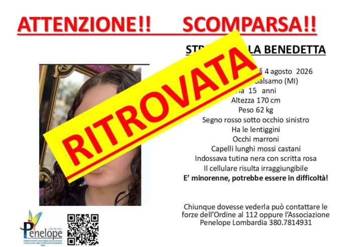 Cinisello Balsamo, ritrovata Benedetta: l’annuncio di Penelope Lombardia